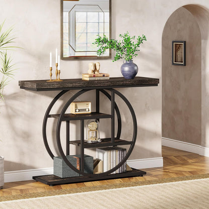 Geometric Woodgrain Etagere Console with Rustic Finish