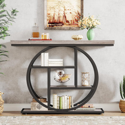 Geometric Woodgrain Etagere Console with Rustic Finish