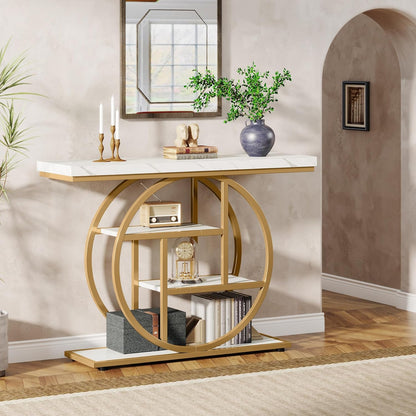 Geometric Woodgrain Etagere Console with Rustic Finish